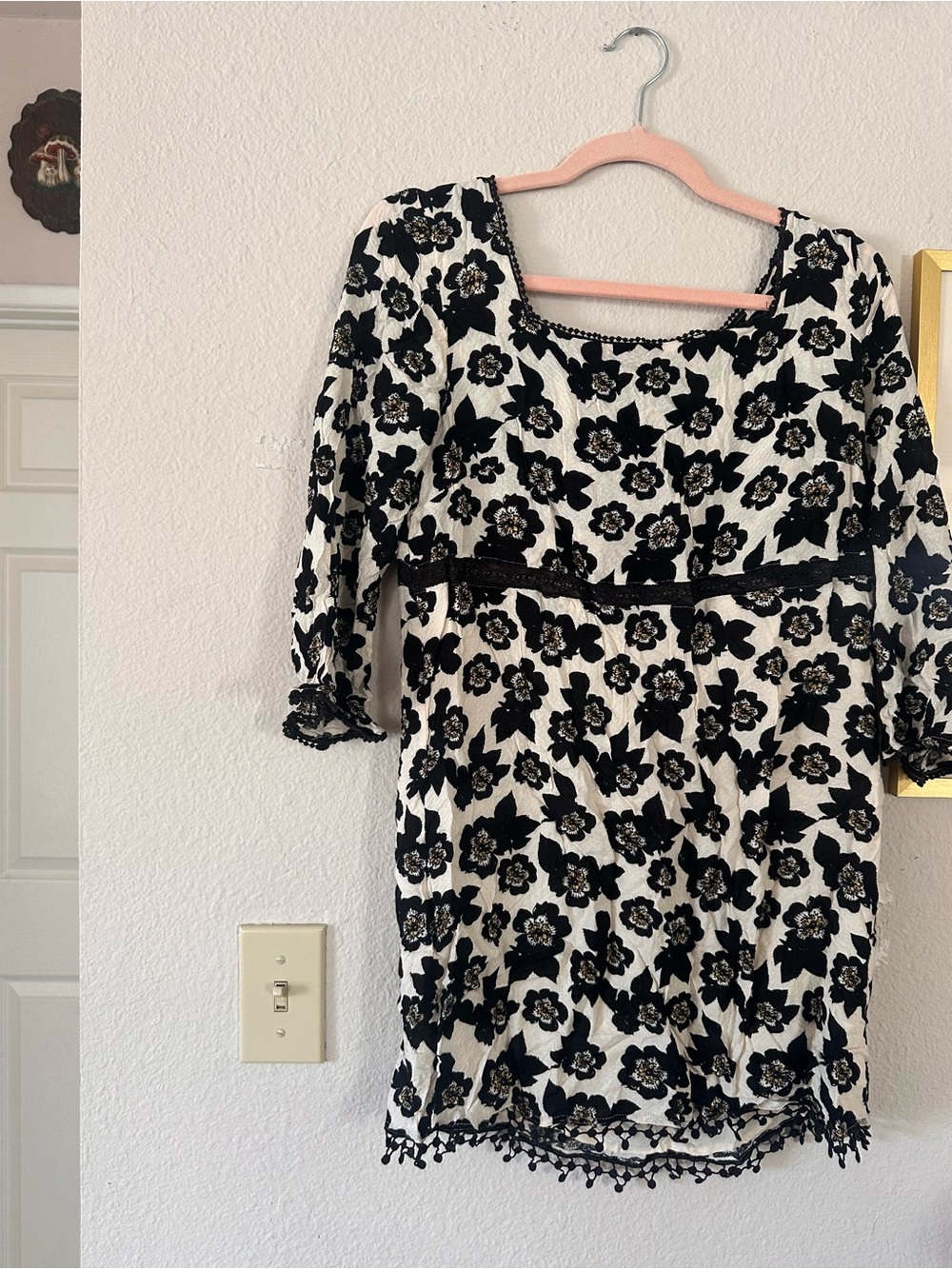 Free People 10 Black and White Tunic Top Boho Print Floral